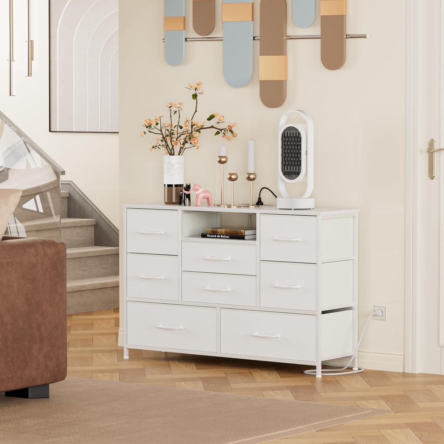 Wide Chest Dresser with Power Outlet for 55" TV Stand - 8 Deep Drawers for Storage in Bedroom, Living Room, Entryway, Hallway, and Closet (White)