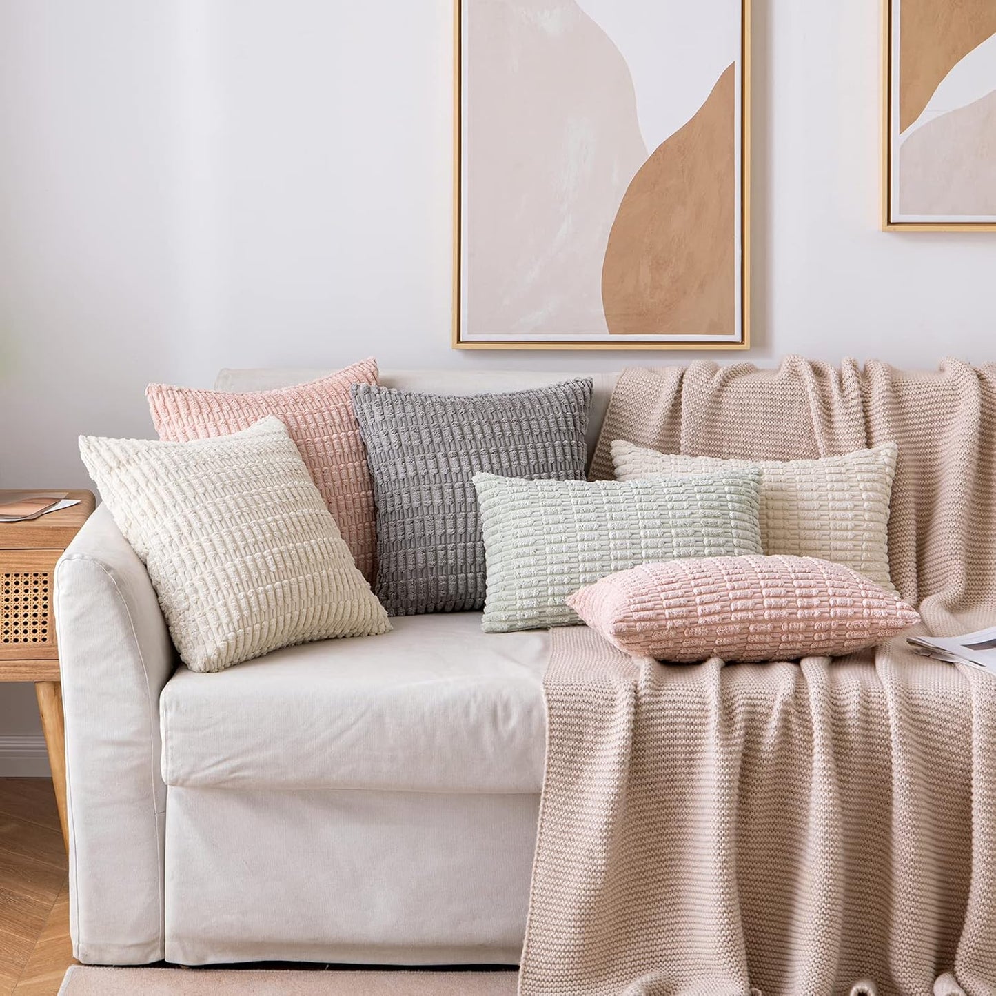 Pack of 2 Corduroy Decorative Throw Pillow Covers 18X18 Inch Soft Boho Striped Pillow Covers Modern Farmhouse Home Decor for Sofa Living Room Couch Bed Light Grey