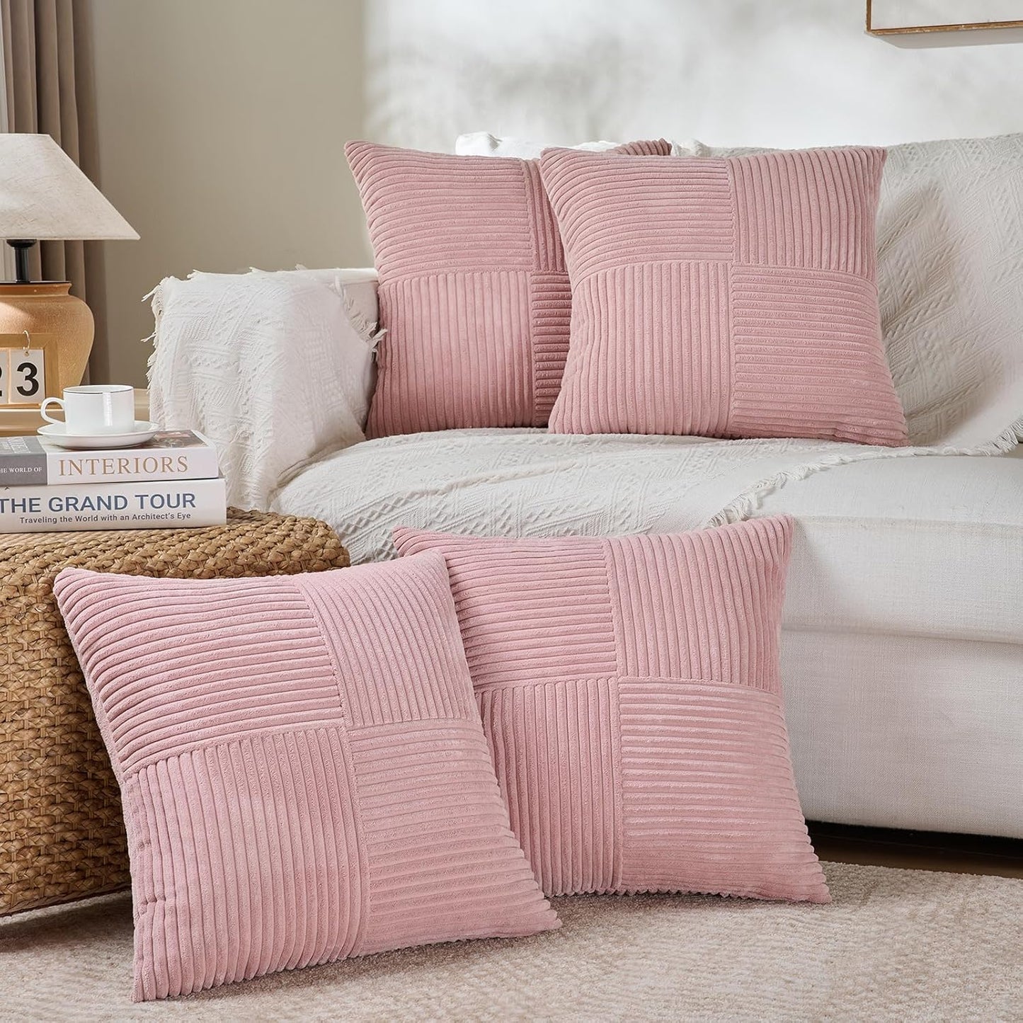 4 Packs Blush Pink Decorative Throw Pillow Covers 18X18 Inch for Living Room Couch Bed, Rustic Farmhouse Boho Home Decor, Soft Cross Corduroy Patchwork Textured Square Cushion Case 45X45 Cm