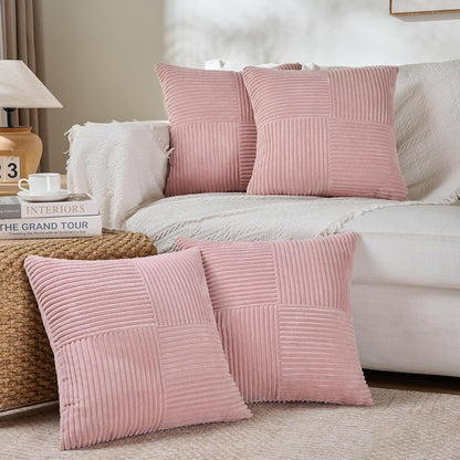 4 Packs Blush Pink Decorative Throw Pillow Covers 18X18 Inch for Living Room Couch Bed, Rustic Farmhouse Boho Home Decor, Soft Cross Corduroy Patchwork Textured Square Cushion Case 45X45 Cm