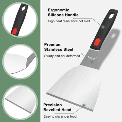 Stainless Steel Spatula Set, Heavy Duty Small Metal Spatula for Cooking Cast Iron Skillet with Silicone Handle - Griddle Grill Kitchen Spatula Flipper for Pancake, Fish, Smash Burger and Egg