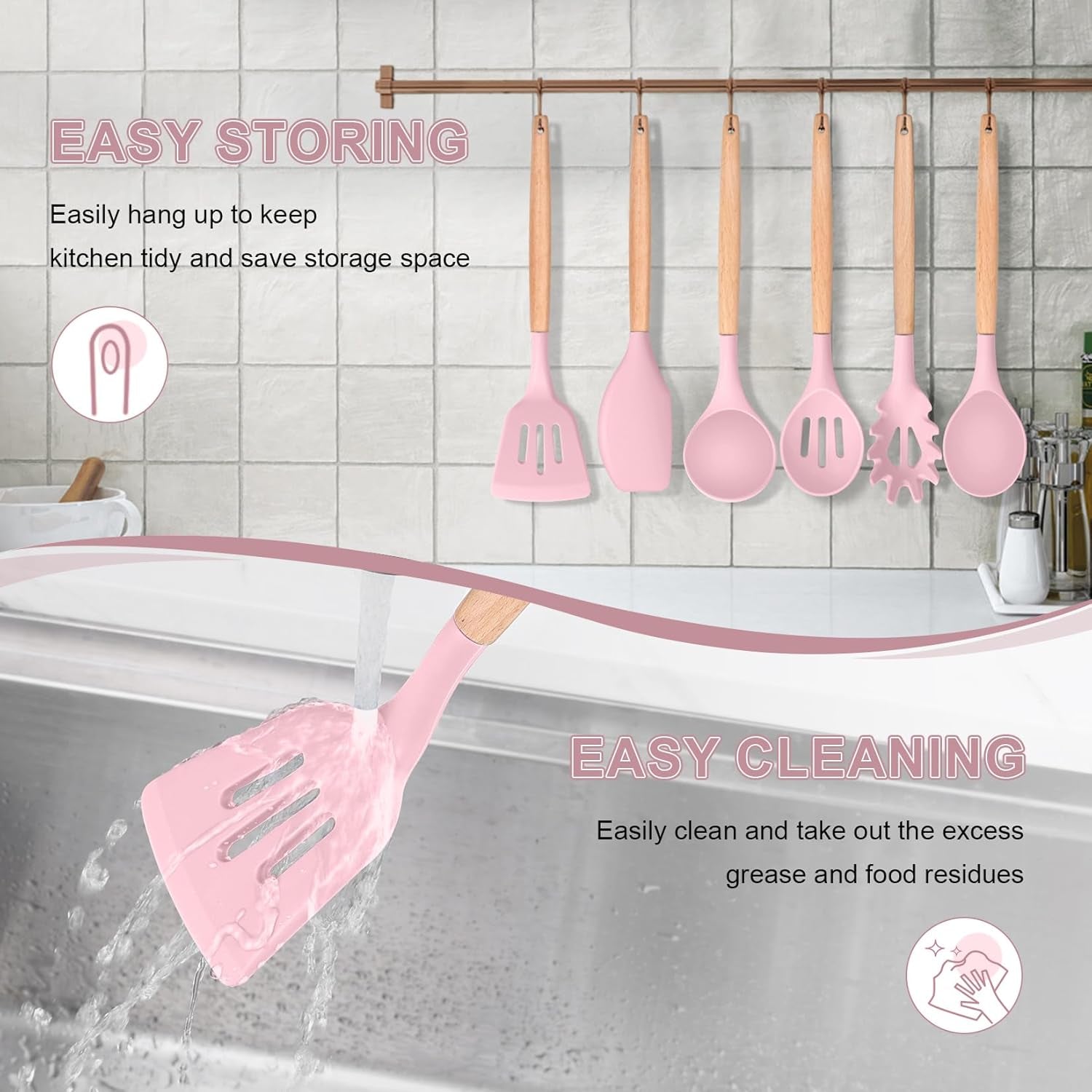 Cooking Utensils Set, 6 PCS Kitchen Utensils with Wooden Handle, Silicone Spatula for Nonstick Cookware, Easy Clean & Non-Toxic, Pink