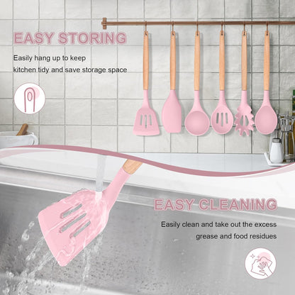 Cooking Utensils Set, 6 PCS Kitchen Utensils with Wooden Handle, Silicone Spatula for Nonstick Cookware, Easy Clean & Non-Toxic, Pink