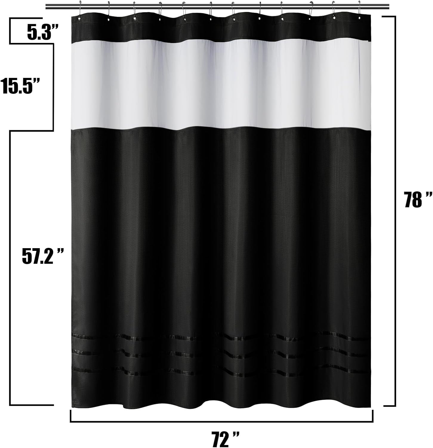 Waffle Weave Shower Curtain Set with Snap-In Fabric Liner, Heavyweight Fabric with 12 Hooks, Waterproof and Washable, Mesh Top Window, 78 "X 72", Black