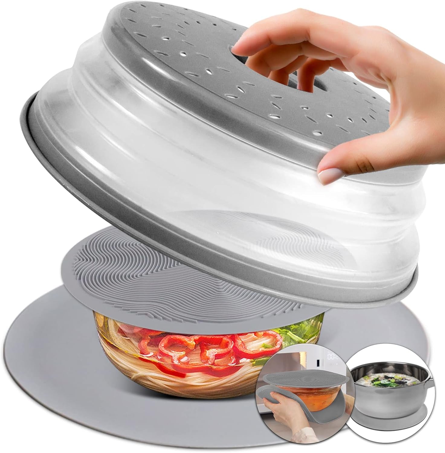 3 in 1,  Microwave Mat & Food Cover- 10" Mat as Bowl Holder, 8" as Bowl Cover, Collapsible Lid for Plates Dishes Splatter Guard, Multi-Purpose Silicone Mat & Kitchen Colander for Meal Prep,Grey