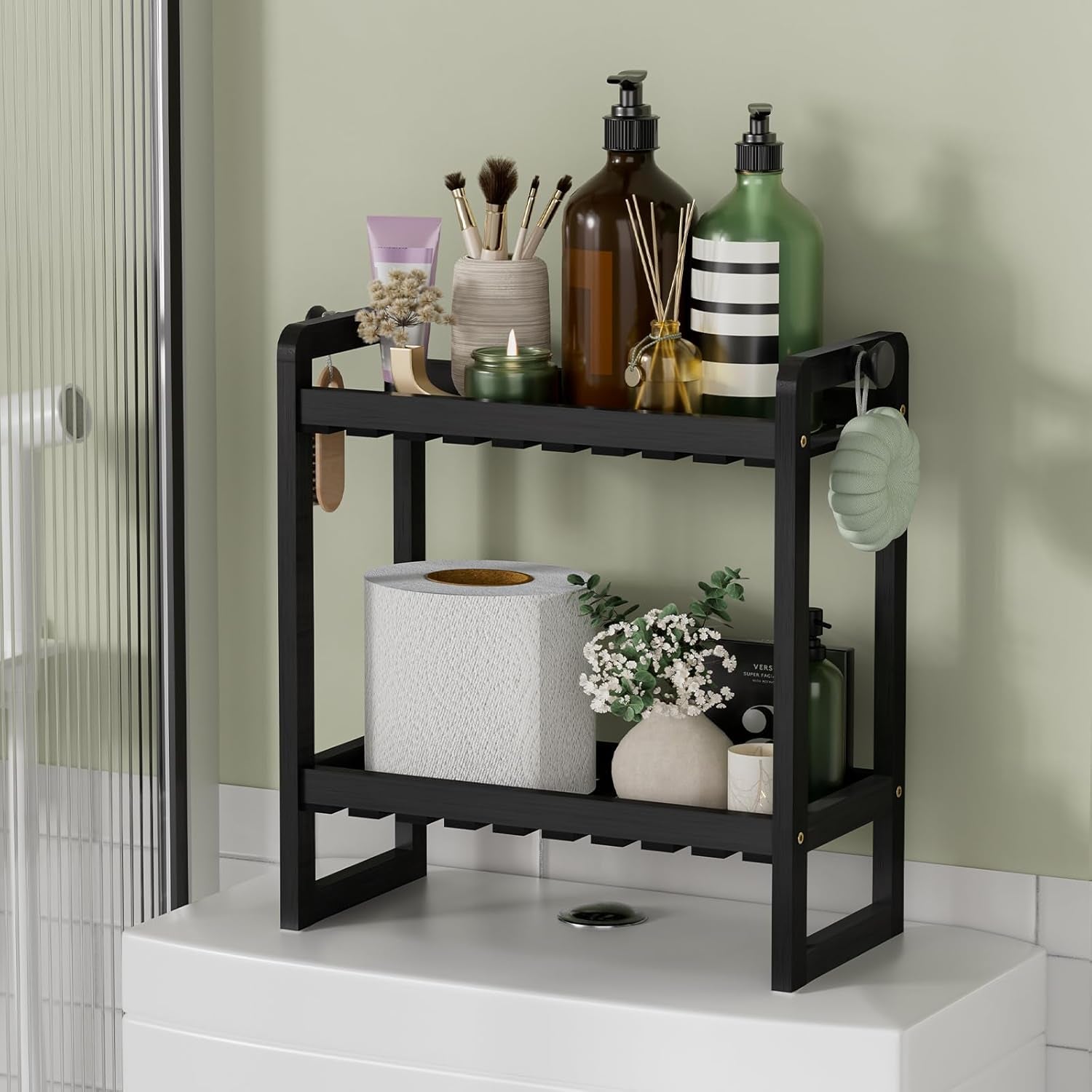 Bamboo over the Toilet Storage Shelf - 2-Tier Bathroom Organizers and Storage Shelves, 2 in 1 Dual Stable above over Toilet Bathrooms Shelf Home Storages Rack for Small Bathroom, Black