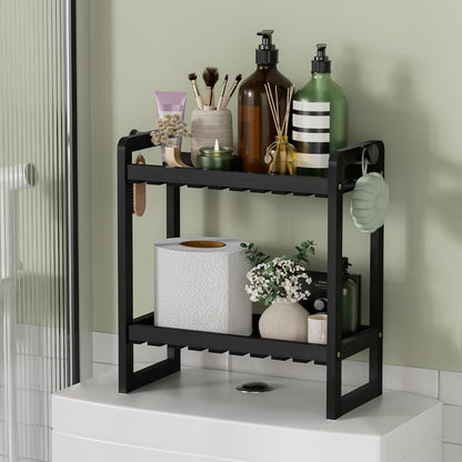 Bamboo over the Toilet Storage Shelf - 2-Tier Bathroom Organizers and Storage Shelves, 2 in 1 Dual Stable above over Toilet Bathrooms Shelf Home Storages Rack for Small Bathroom, Black