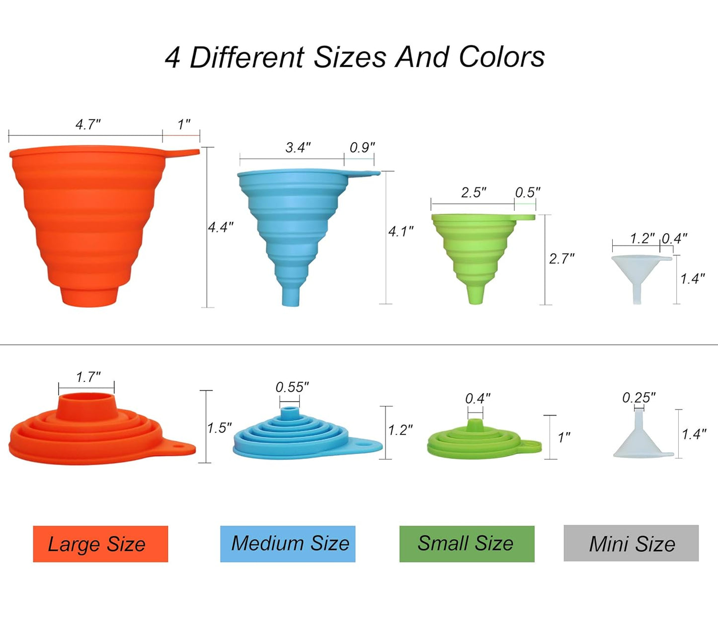 4 Sizes Kitchen Funnel Set, Food Grade Silicone Collapsible Funnel, Funnels for Kitchen Use Filling Bottles, Canning, Cooking, and Water Powder Transfer