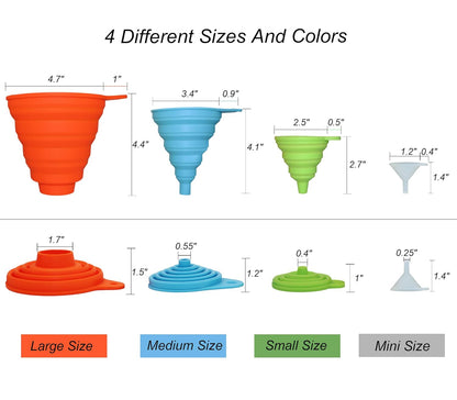 4 Sizes Kitchen Funnel Set, Food Grade Silicone Collapsible Funnel, Funnels for Kitchen Use Filling Bottles, Canning, Cooking, and Water Powder Transfer