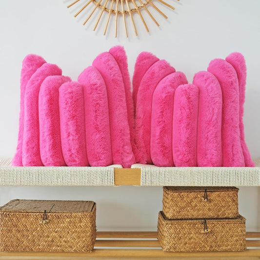 Pack of 2 Faux Fur Plush Decorative Throw Pillow Covers Couch Cushion Case Soft Fluffy Pillowcases Wide Stripe (Hot Pink, 16 X 16 Inch)