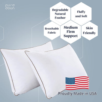 ® Made in USA Soft Fluffy Medium Firm Hotel Pillow, 100% Cotton Cover, Luxury Bed Pillows Standard Size Set of 2 for Back, Stomach or Side Sleeper.