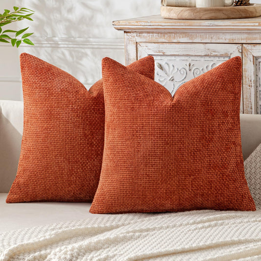 Pack of 2 Fall Burnt Orange Decorative Pillow Covers 18X18 Inch Soft Chenille Couch Throw Pillows Farmhouse Cushion Covers for Home Decor Sofa Bedroom Living Room