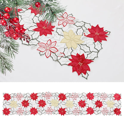 Christmas Linen Textured Table Runner 14X72 Inches Long, Embroidered Red Poinsettia Flower Table Runner for Christmas, Xmas Dresser Scarves Holiday Parties Kitchen Farmhouse Dinner Decor