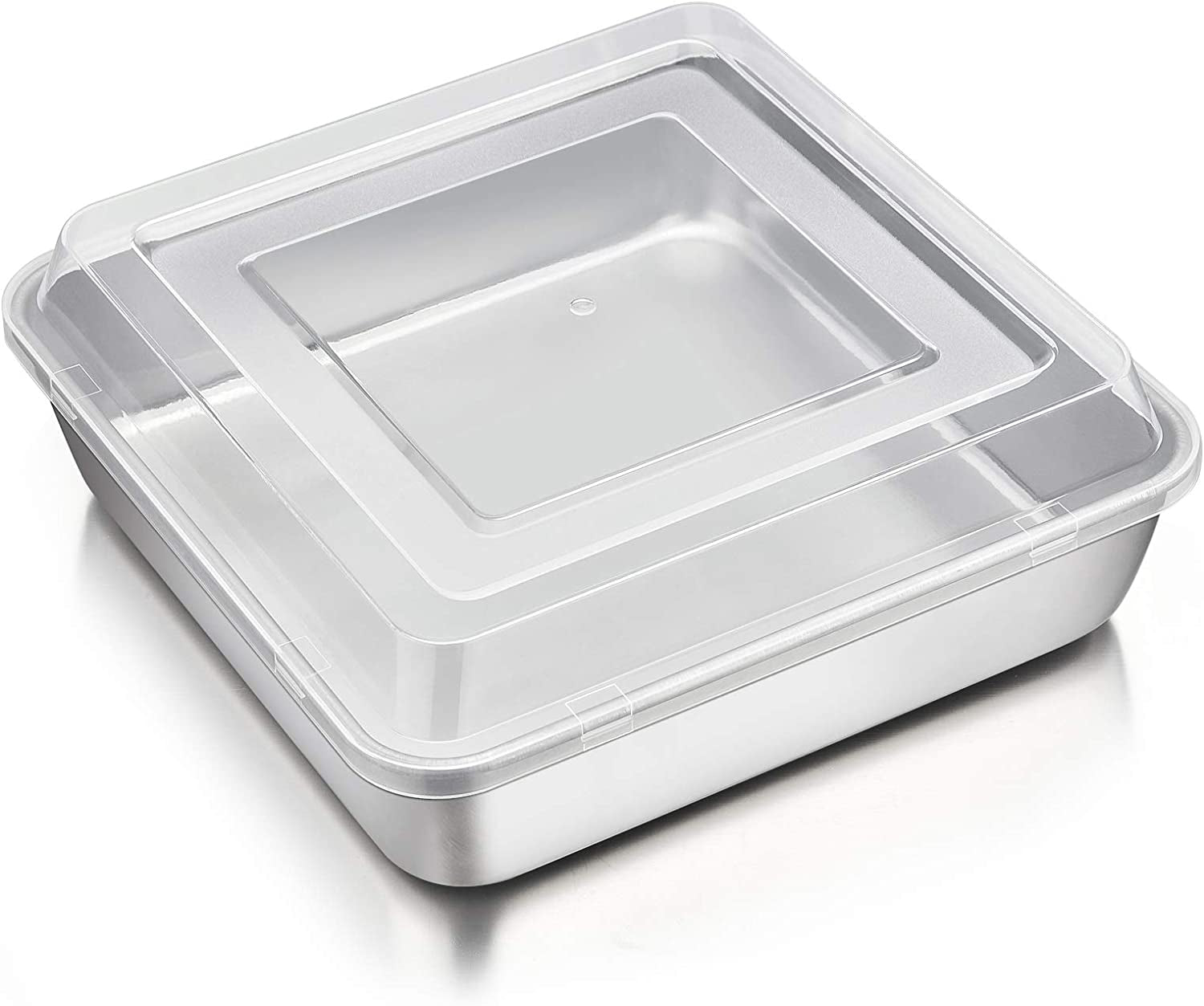 Square Baking Cake Pan with Lid, Stainless Steel Lasagna Brownie Pan and Plastic Cover for Picnic Wedding Birthday, Healthy & Sturdy, Oven & Dishwasher Safe, (8 Inch, 2Pcs)