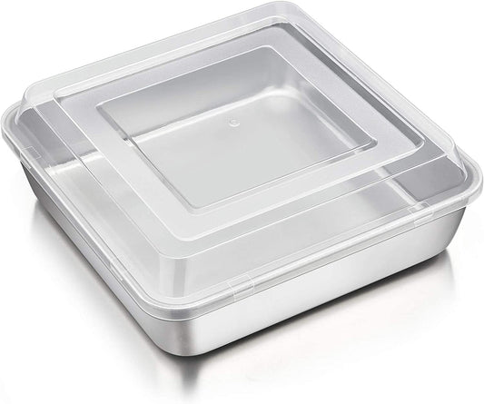 Square Baking Cake Pan with Lid, Stainless Steel Lasagna Brownie Pan and Plastic Cover for Picnic Wedding Birthday, Healthy & Sturdy, Oven & Dishwasher Safe, (8 Inch, 2Pcs)