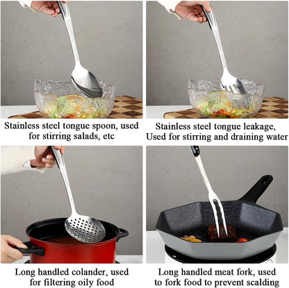 Premium 6-Piece Stainless Steel Kitchen Utensil Set with Essential Cooking Tools Including Metal Spatula, Skimmer, Ladle, Serving Spoon, Slotted Spoon, and Carving Fork