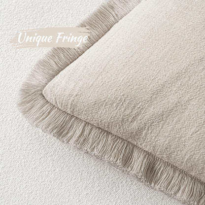 Christmas Decorative Throw Pillow Covers Neutral Linen Fringe Throw Pillows Set of 2 Natural Beige Boho Farmhouse Cushion Covers with Tassels for Couch Sofa Bed Living Room Decor 18X18 Inch
