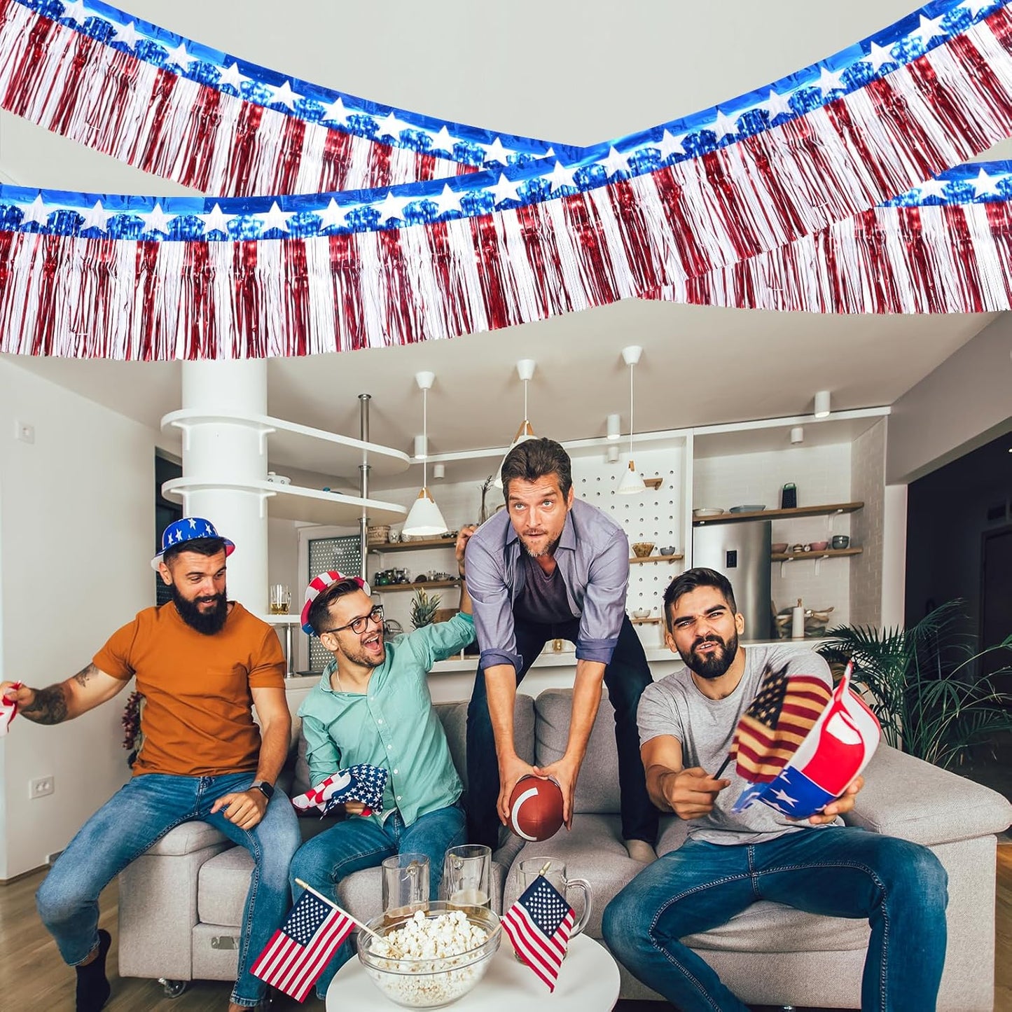 3Pack 30Ft 4Th of July Decorations Banner USA Stars Foil Fringe Garland Tinsel Streamers Red White and Blue Flag for Independent Memorial Veterans Day Patriotic Party Indoor Outdoor Decorations