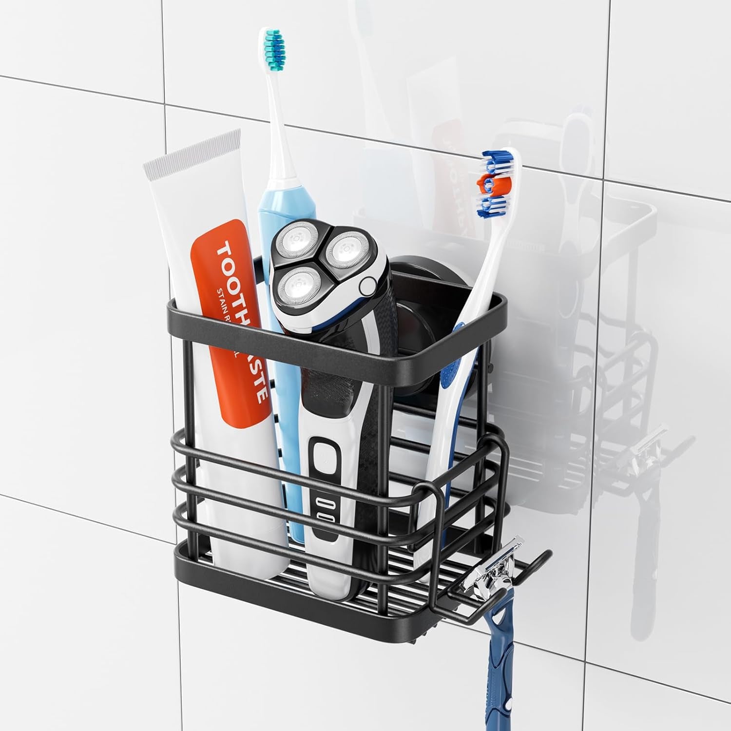 Patented Suction Cup Toothbrush Holder, Stainless Steel Anti-Puddling Shower Toothbrush Holder, No Drilling Removable Organizer for Bathroom Toothpaste, Razor, Kitchen and Office Items, Black