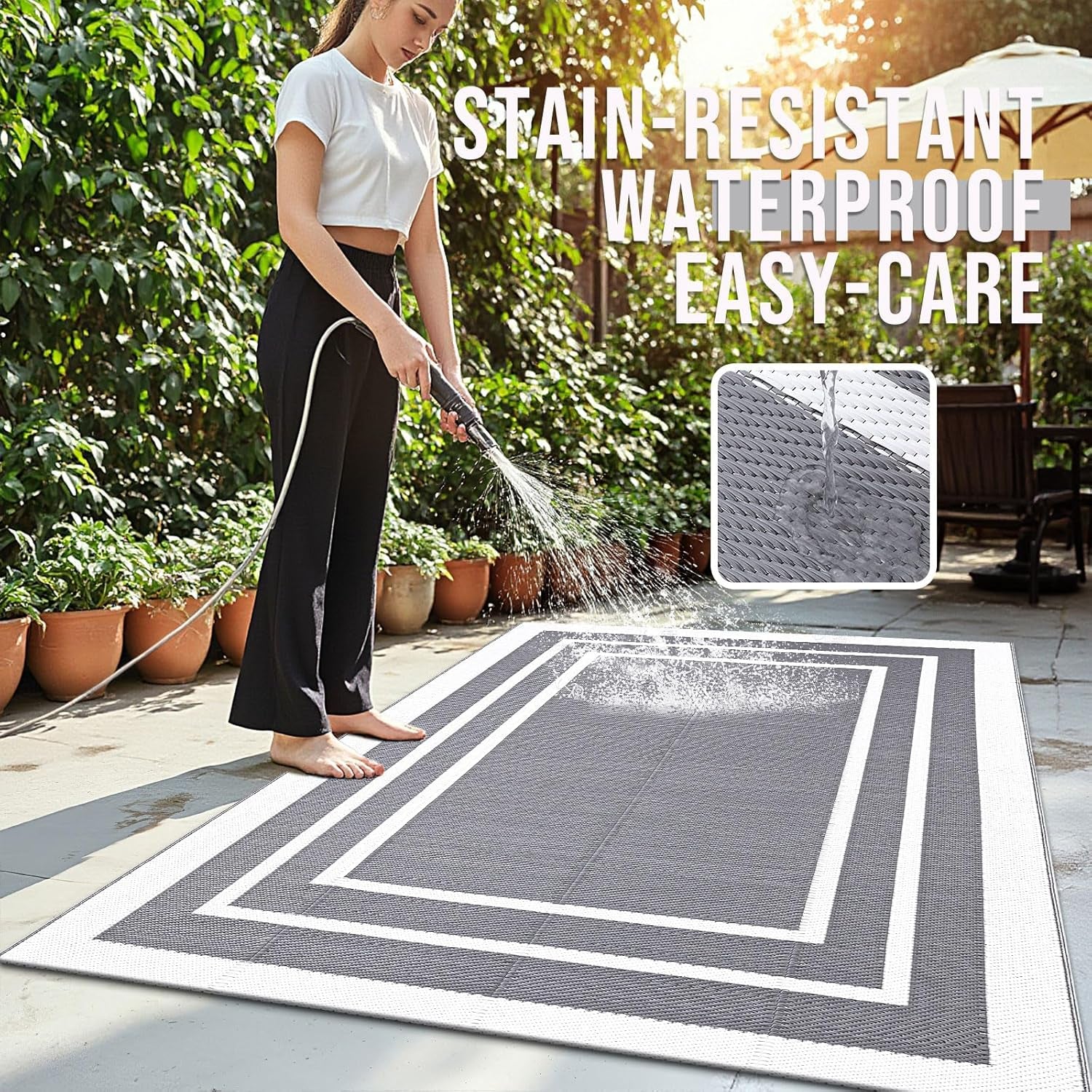 Outdoor Rug 5X8 Ft Waterproof, Reversible Outdoor Plastic Straw Rug, RV Mat, Indoor Outdoor Carpet Clearance for Patio, Camping, Balcony, Deck, Backyard, Grey & White