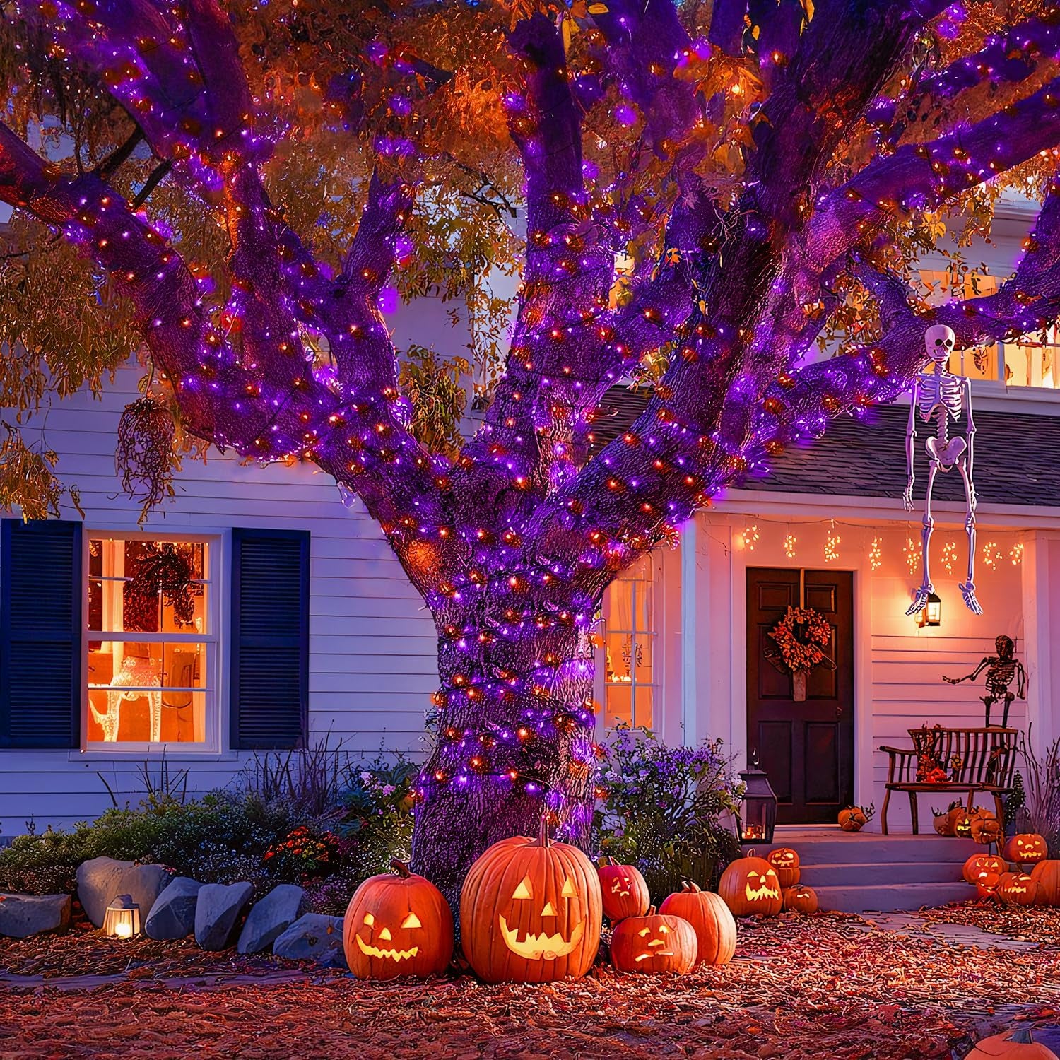 Orange and Purple Halloween Lights: 132Ft 400 LED String Lights Plug in - Halloween Lights Indoor Outdoor for Yard Tree Porch