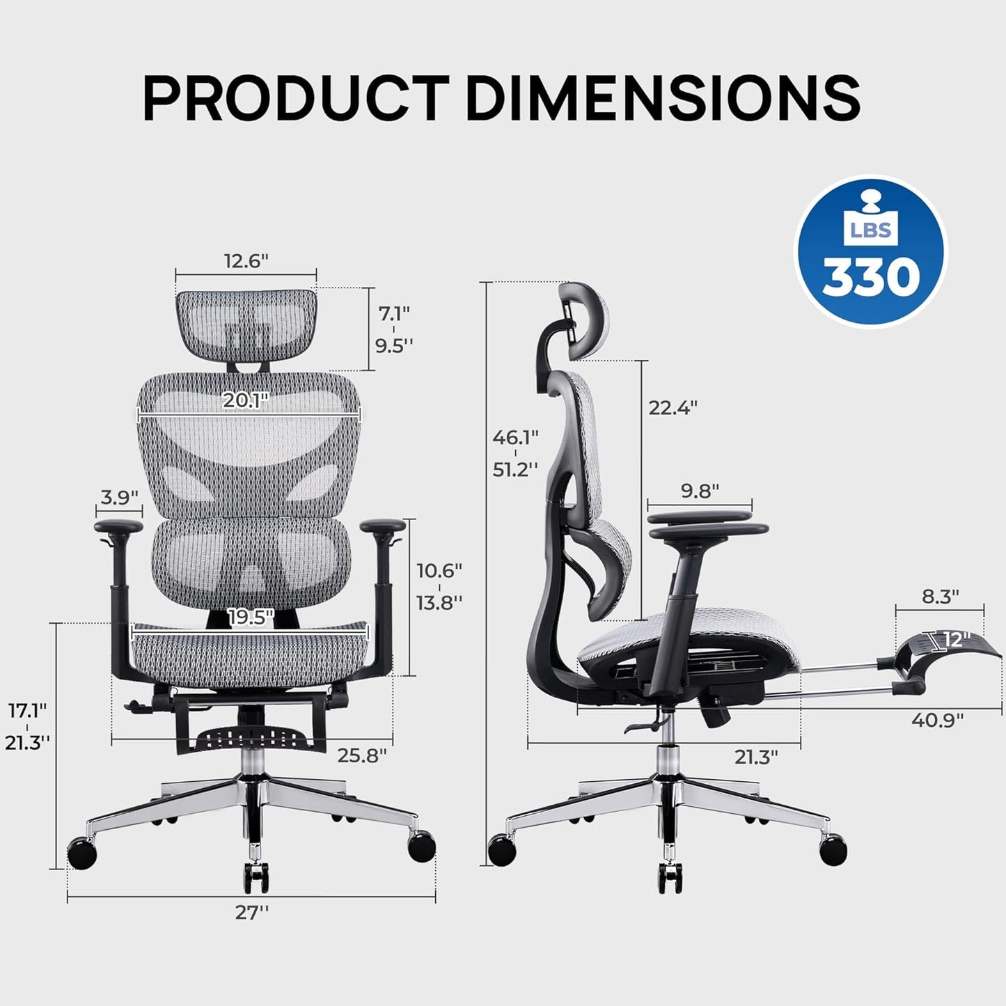 Ergonomic Mesh Office Chair with Footrest and Lumbar Support, Adjustable Gaming Chair with Multi-Tilt Backrest, Headrest, and 3D Armrests, Durable Steel Base, Grey and Black