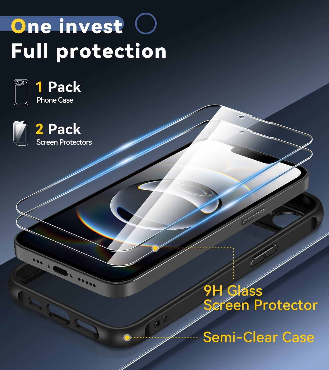 3-In-1 Case for Iphone 16E 6.1" 2025 with 2 Pack Tempered Glass Screen Protector [Military Grade Protection], Frosted Translucent Back Phone Cover- Matte Black