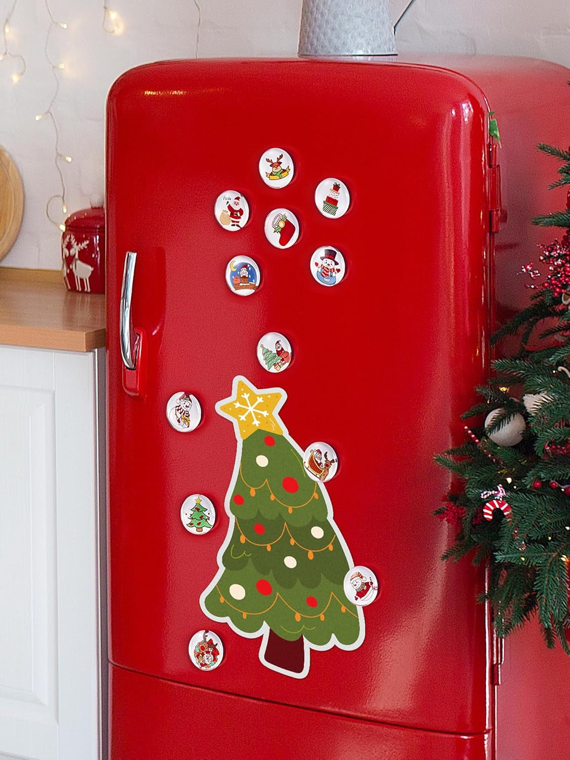 12-Pack Christmas Magnets for Fridge, Glass Christmas Refrigerator Magnets, Small Xmas Decorative Magnets, Cute Funny Fridge Magnets for Home Kitchen Office Dishwasher (Round Shape)