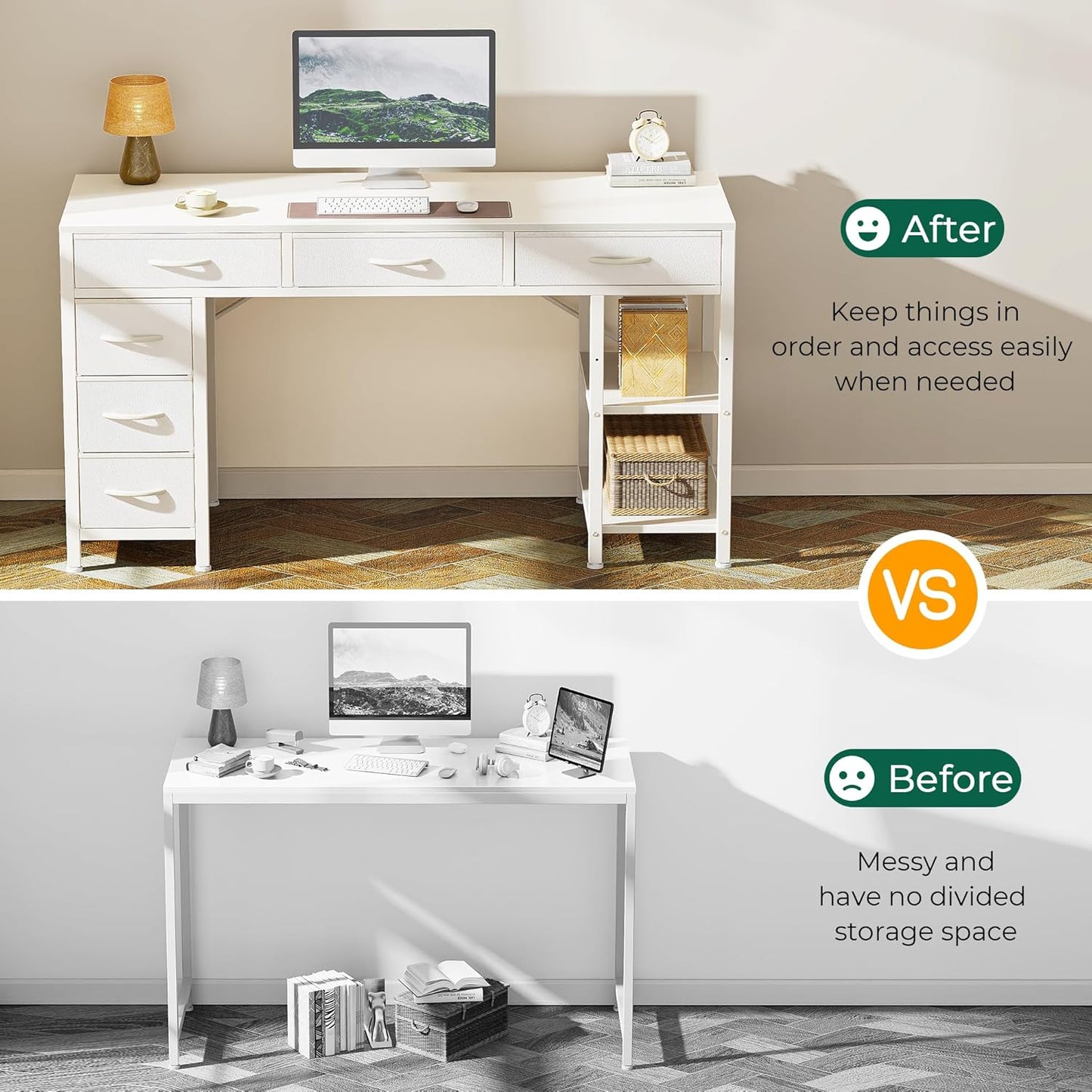 47-Inch Computer Desk with 6 Drawers and Shelves, Reversible Corner Desk for Home Office, Study, and Living Room, White