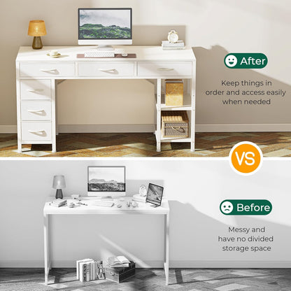 47-Inch Computer Desk with 6 Drawers and Shelves, Reversible Corner Desk for Home Office, Study, and Living Room, White
