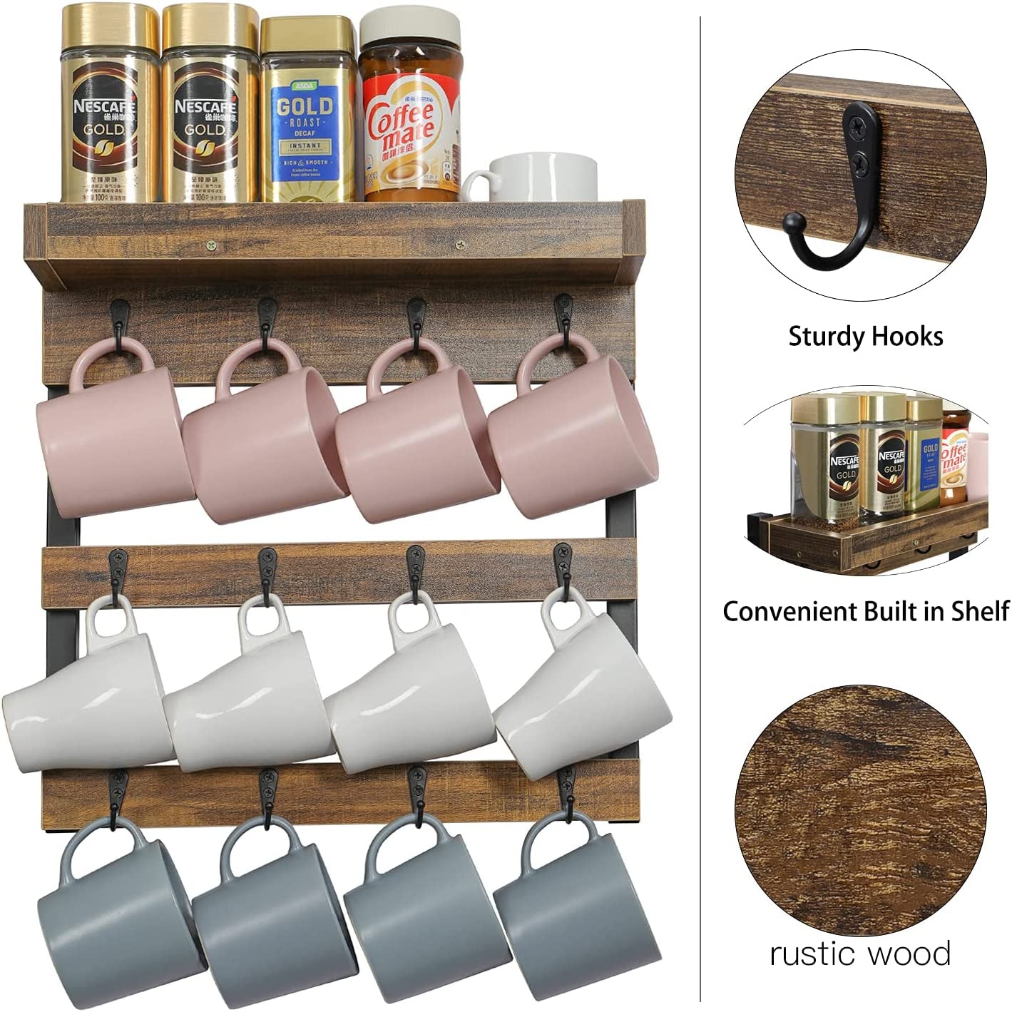 Coffee Mug Rack Wall Mounted, Rustic Wood Cups Rack with 12 Hooks and Storage Shelf, for Home Kitchen Display and Collection (Rustic Brown)