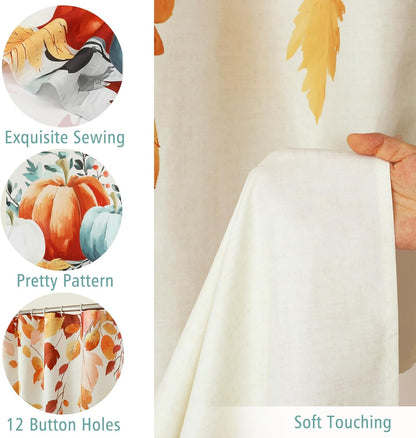 Autumn Pumpkin Fall Shower Curtain for Halloween Thanksgiving Harvest, Maple Leaf Floral Shower Curtain for Bathroom Decor, Polyester Waterproof Fabric, 72Wx72L Inch