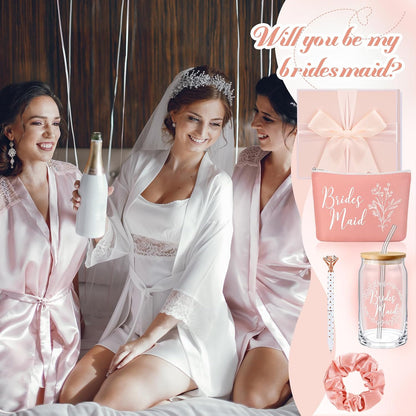 Bridesmaid Gift Box Set of 5 - Includes Glass Cups with Lids, Makeup Bags, Scrunchies, Hair Ties, and Diamond Ballpoint Pens for Wedding Party Favors (Rose Pink)