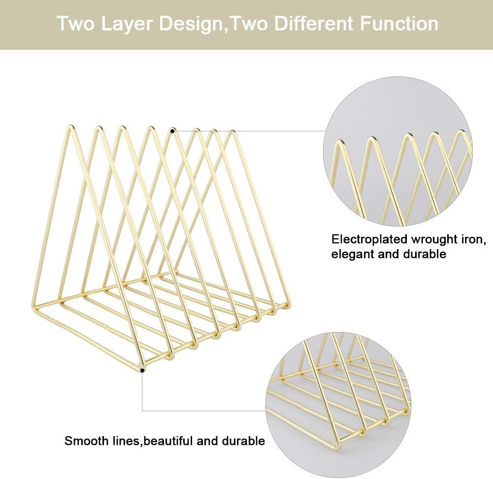 Triangle Desk Organizers Metal Wire Magazine Holder 7 Sections Decorative File Folder Organizer Vinyl Record Storage Office for Desk - Gold Magazine File Holder - Pack of 2