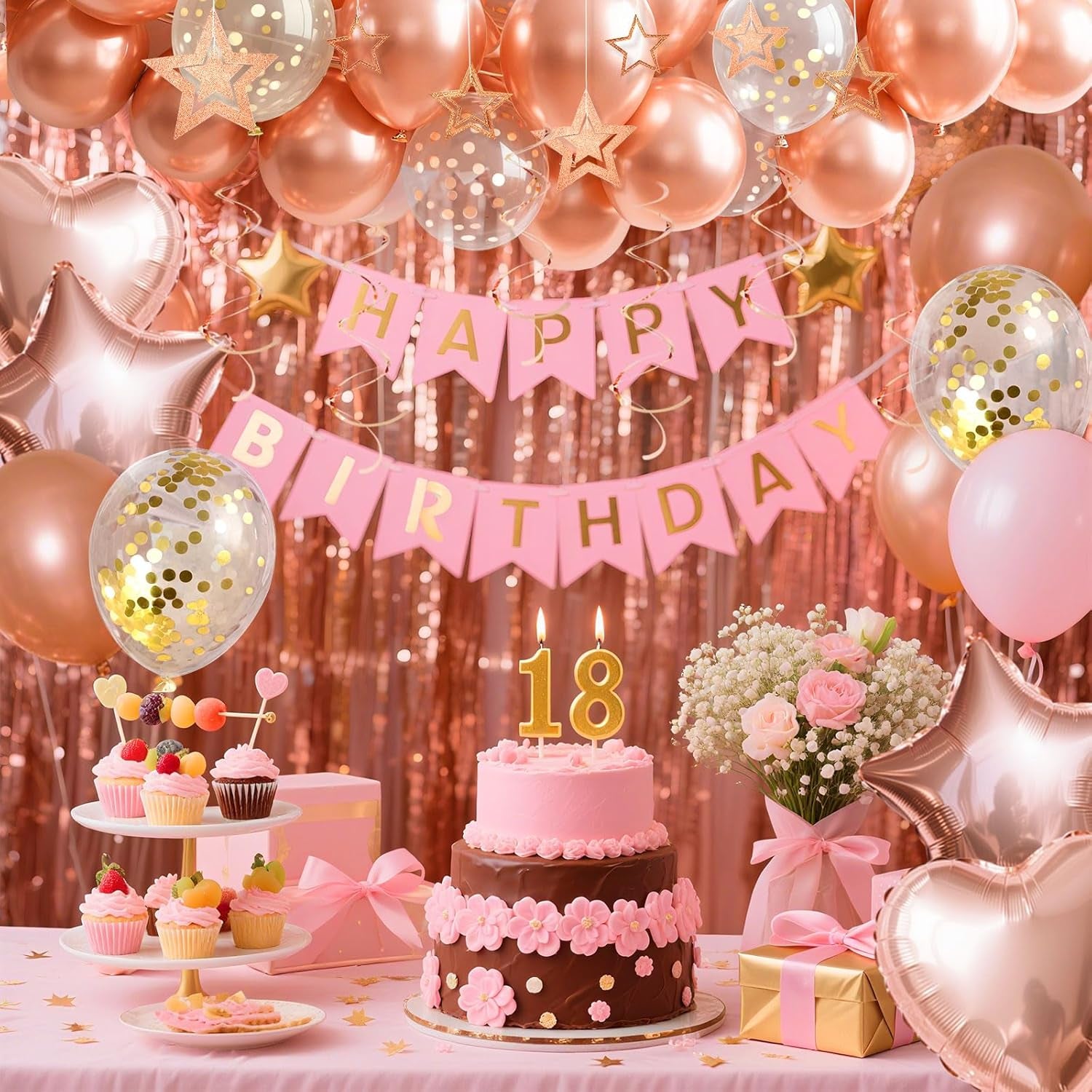 Rose Gold Happy Birthday Party Decorations for Girls, Happy Birthday Banner, Rose Gold Fringe Curtain, Hanging Swirls, Heart & Star Foil Balloons, Confetti Latex Balloons, Party Supplies for Women