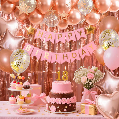 Rose Gold Happy Birthday Party Decorations for Girls, Happy Birthday Banner, Rose Gold Fringe Curtain, Hanging Swirls, Heart & Star Foil Balloons, Confetti Latex Balloons, Party Supplies for Women