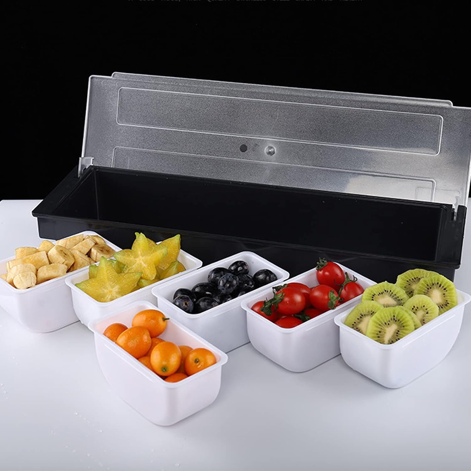 Fruit Veggie Condiment Caddy with Lid, 6 Compartment Plastic Dispenser Tray for Catering Dips Toppings, Serving Taco, Ice Cream, Fruit, & Salad Bar,Garnish Organizer for Restaurant Supplies