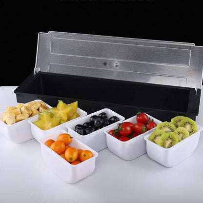Fruit Veggie Condiment Caddy with Lid, 6 Compartment Plastic Dispenser Tray for Catering Dips Toppings, Serving Taco, Ice Cream, Fruit, & Salad Bar,Garnish Organizer for Restaurant Supplies