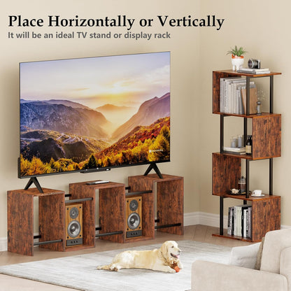 6 Tier Bookshelf, Tall S Shaped Geometric Bookcase, Modern Display Book Shelf Standing Unit, Wood Metal Decorative Room Divider Shelf for Living Room Bedroom Office, Rustic Brown