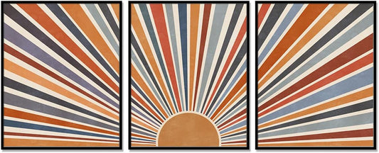 Sun Rays Print Boho Wall Decor Mid Century Modern Geometric Sunshine Wall Art Abstract Sun Boho Print Nursery Blue Orange Decor Set of 3 UNFRAMED 11X14INCH
