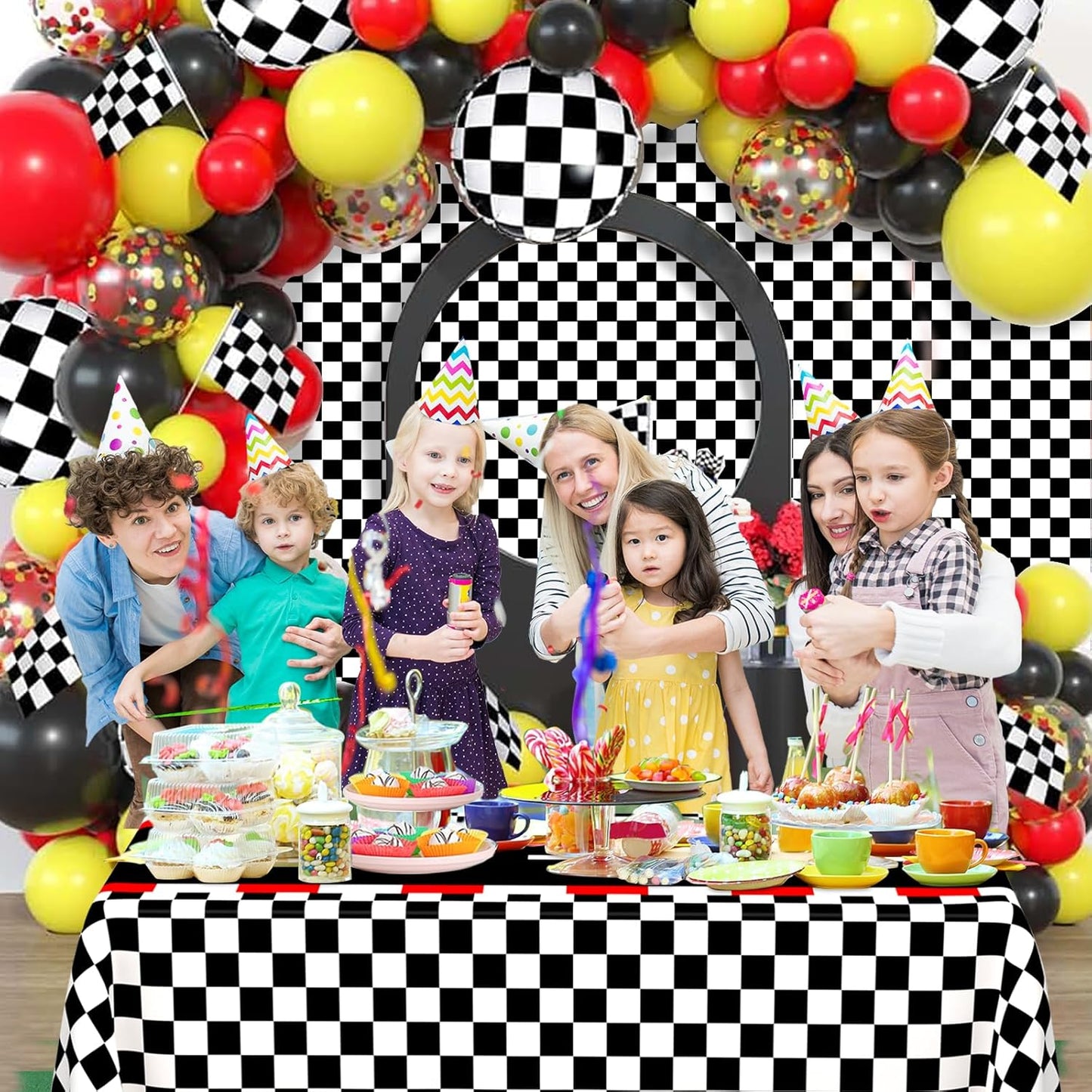 2 PCS Racing Car Theme Tablecloths Car Disposable Plastic Tablecloths Black Checkered Flag Table Covers Racetrack Rectangular Tablecloth for Race Car Birthday Party Decorations, 54 X 108 Inch