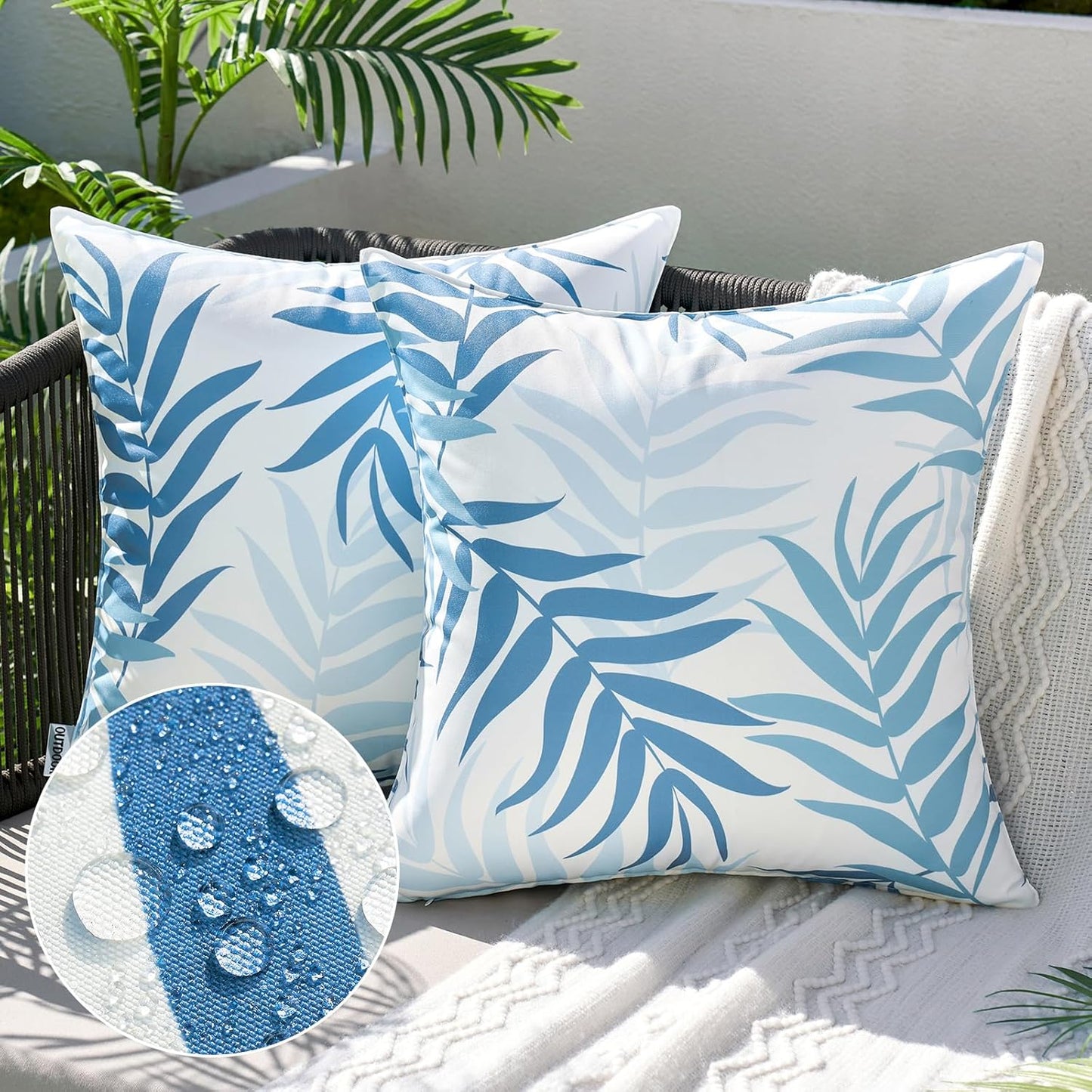 Pack of 2 Decorative Outdoor Waterproof Throw Pillow Covers Patio Pillow Cases Natural Leaves Pattern Spring Square Cushion Shams Shell for Garden Balcony Couch 20X20 Inch, Light Blue