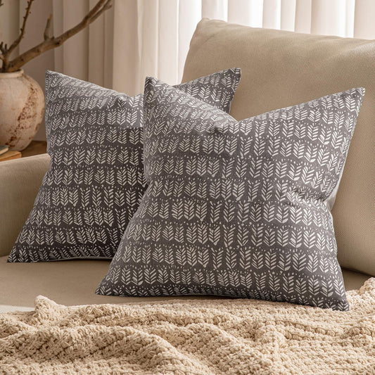 Fall Set of 2 Neutral Boho Farmhouse Throw Pillow Covers 18X18 Inch Black Vintage Accent Floral Cotton Linen Pillowcases for Halloween Couch Bed Living Home Decor