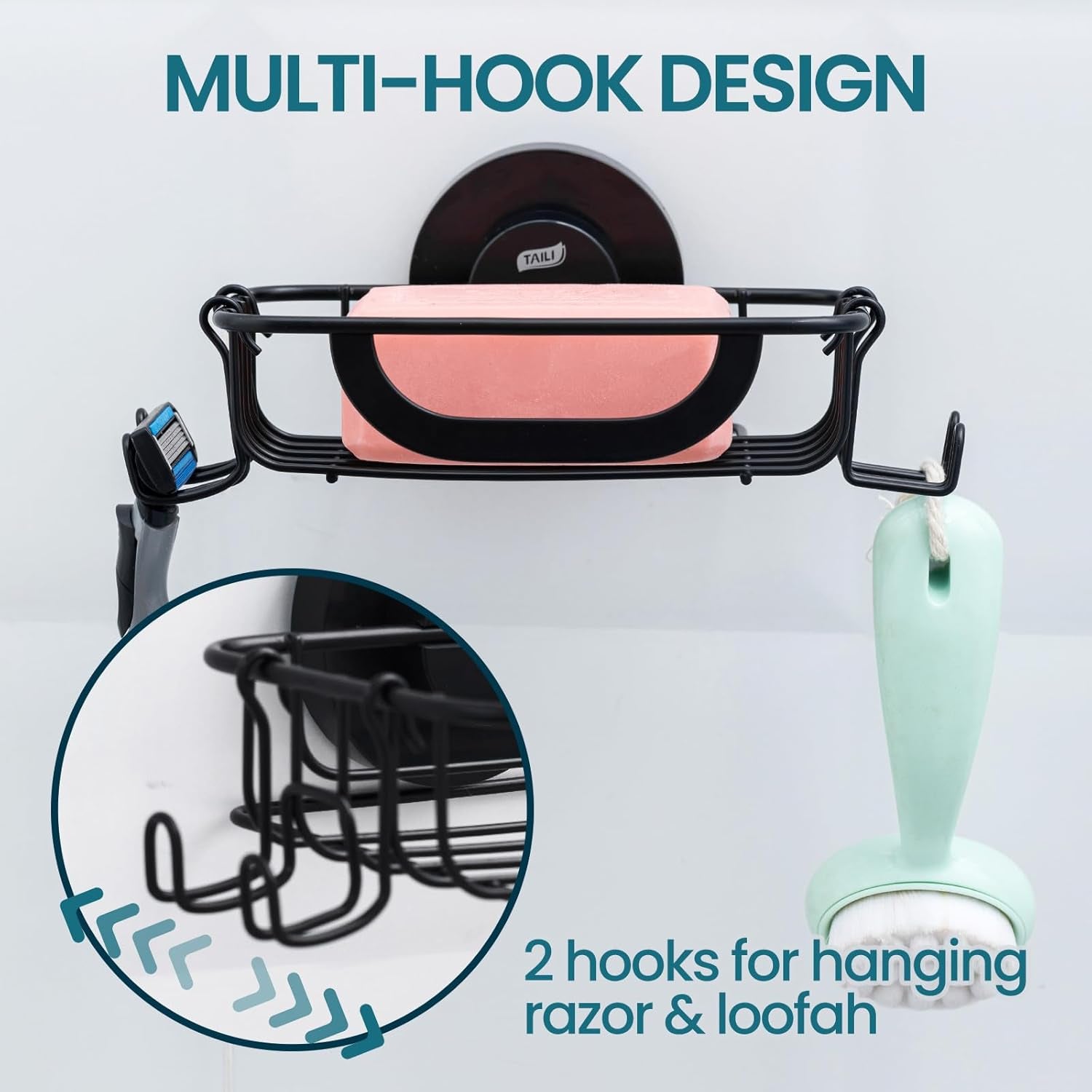 Soap Bar Holder Dish with Hooks, Shower Soap Tray Saver Suction Cup with Razor Holder for Wall, Rustproof Stainless Steel Bath Shampoo Caddy for Bathroom Accessories Organizer,Sink,Black