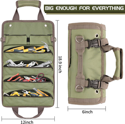 Roll up Tool Bag - Heavy Duty Green Motorcycle Tool Roll, Portable Tool Box Organizer Storage for Mechanics, Electricians, Diyers, Ideal Kit for Men, Father, Birthdays, Holidays