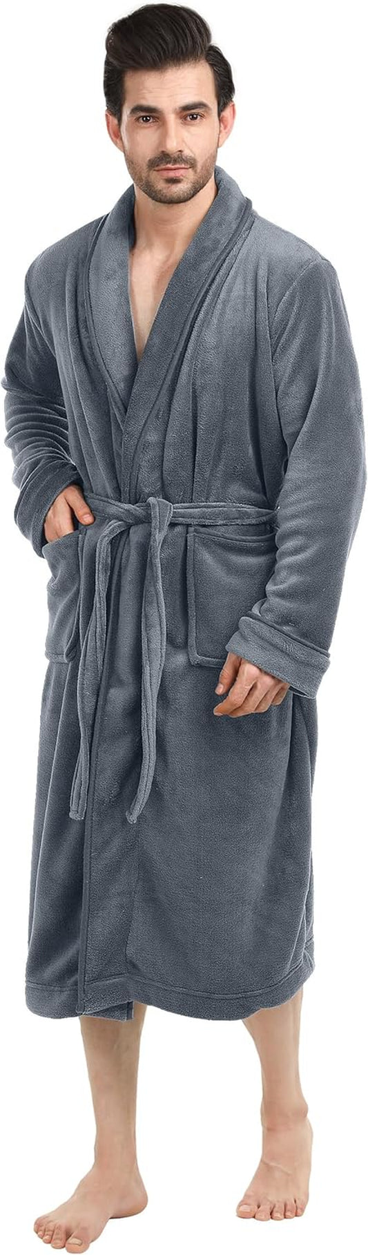 Luxurious Men'S Shawl Collar Fleece Bathrobe Long Spa Robe