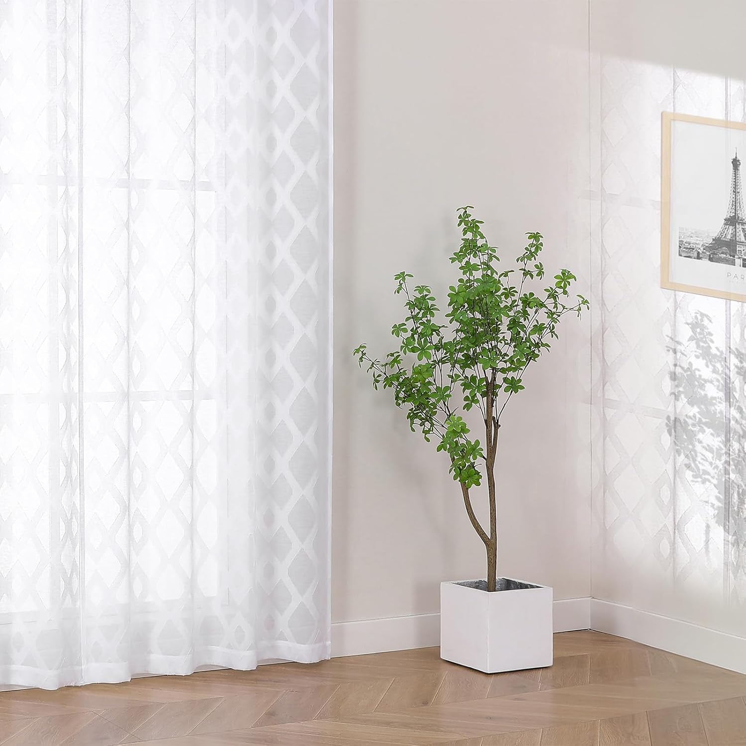 Sheer White Curtains 84 Inches Long 2 Panels Set for Bedroom, Light Filtering Geometric Jacquard Clip Textured Window Curtain, Modern Farmhouse Curtains for Living Room, Total Wide 84" Inch