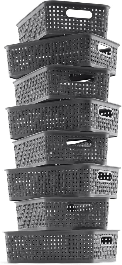 Plastic Storage Baskets - 8 Pack, Gray, Durable, Easy to Use, Flexible, Multi-Purpose, Ideal for Closets, Cabinets, Shelves, Countertops