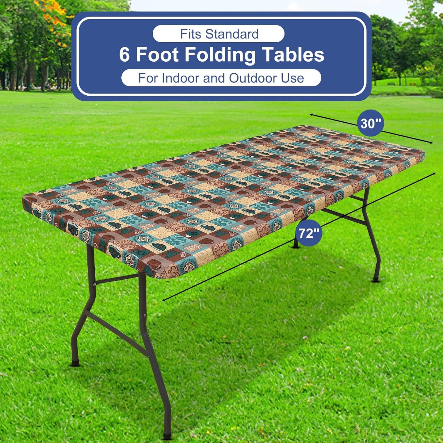 Rectangle Printed Fabric Tablecloth, Elastic Fitted Table Cloth for 6 Foot Table, Washable Polyester Table Cover for Outdoor, Picnic, Camping and Indoor, (Coffee Cup, 30" X 72")