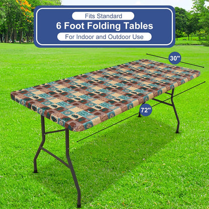 Rectangle Printed Fabric Tablecloth, Elastic Fitted Table Cloth for 6 Foot Table, Washable Polyester Table Cover for Outdoor, Picnic, Camping and Indoor, (Coffee Cup, 30" X 72")